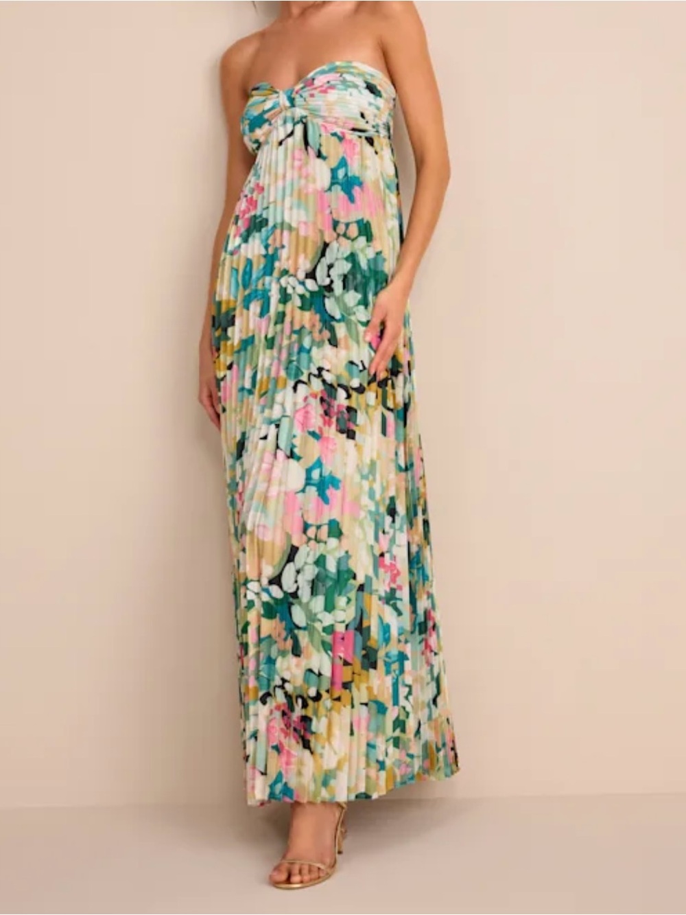 Lulus Pleated Floral Maxi Dress in Pink, Green and Cream